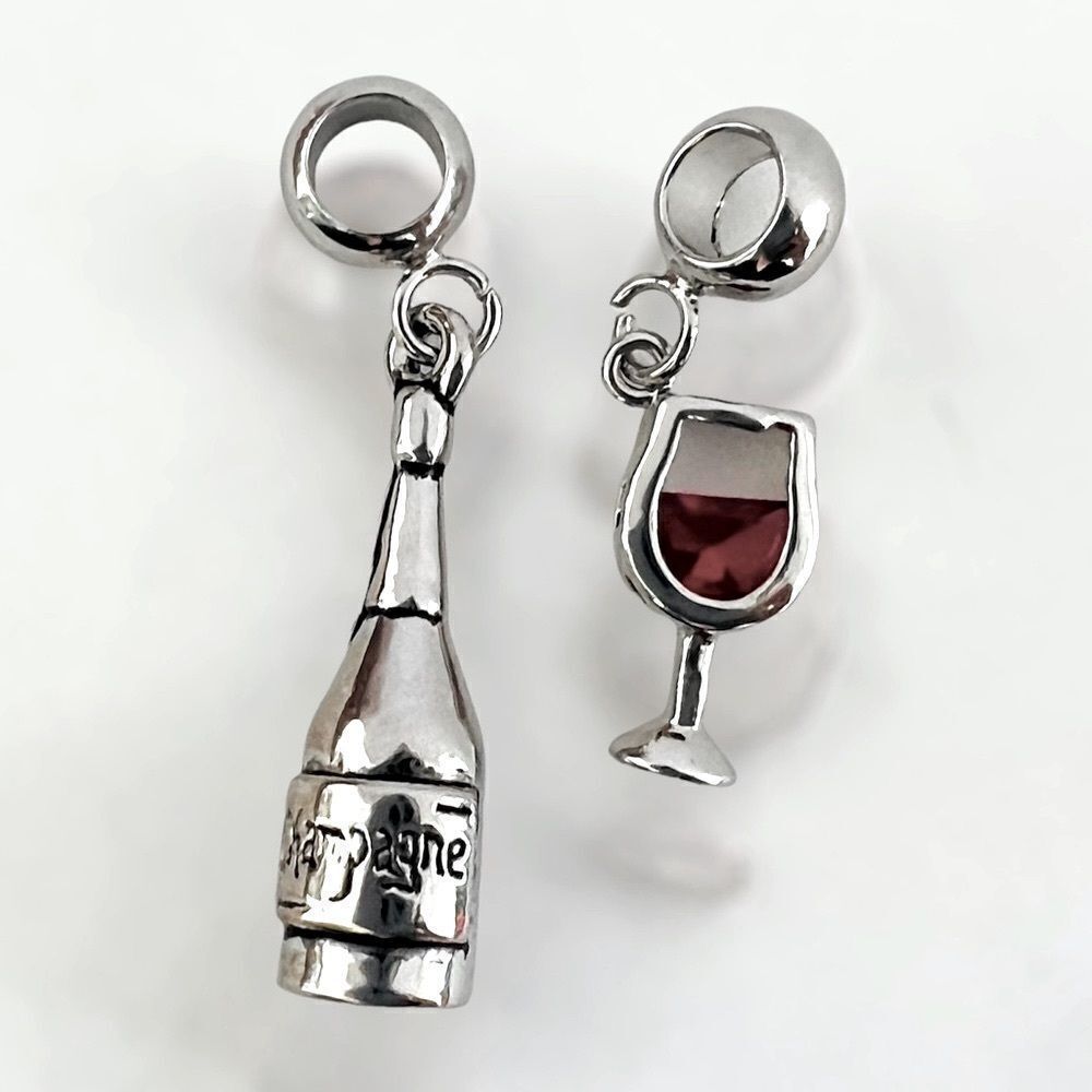 Champagne Bottle Wine Glass Silver Charms Set